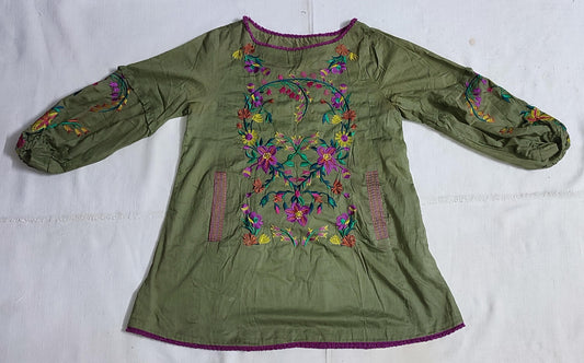 Ethnic XS Olive Green Embroidered Top with pockets