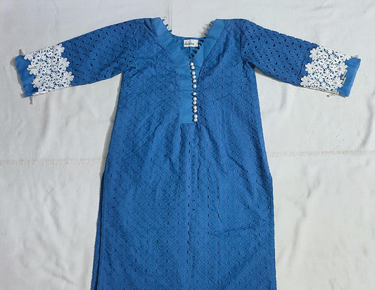Chickenkari cutwork festive kurta with pearl & lace