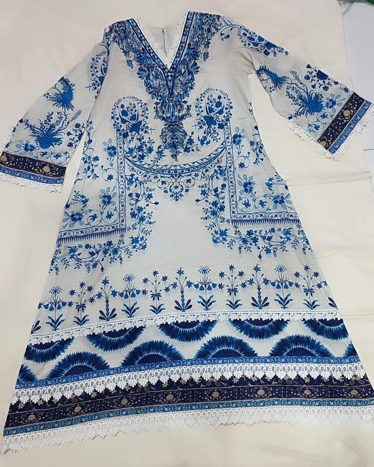 Embroidered Printed A-line long shirt with lace details Chiffon Dupatta