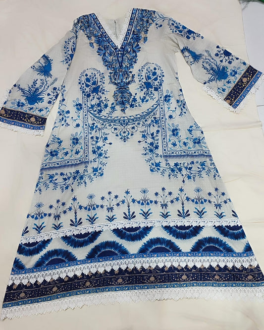 Embroidered Printed A-line long shirt with lace details Chiffon Dupatta