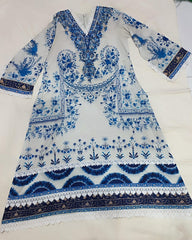 Embroidered Printed A-line long shirt with lace details Chiffon Dupatta
